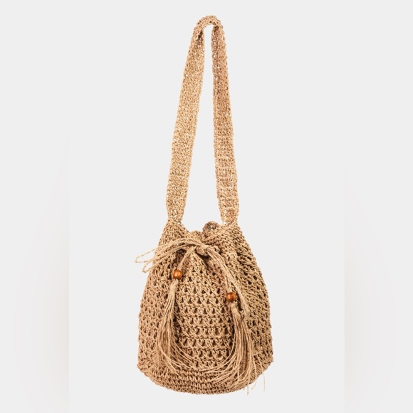 Fame Straw Braided Drawstring Tote Bag with Tassel - Picture 4 of 4